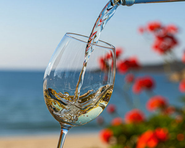 Calice vino bianco, sfondo mare